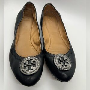 Tory Burch Liana Ballet Flats Black Leather Logo Medallion Size 9